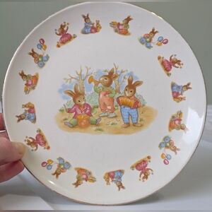 ​Vintage Easter Bunny Marching Band 7" Decorative Plate Gold Details Cottagecore